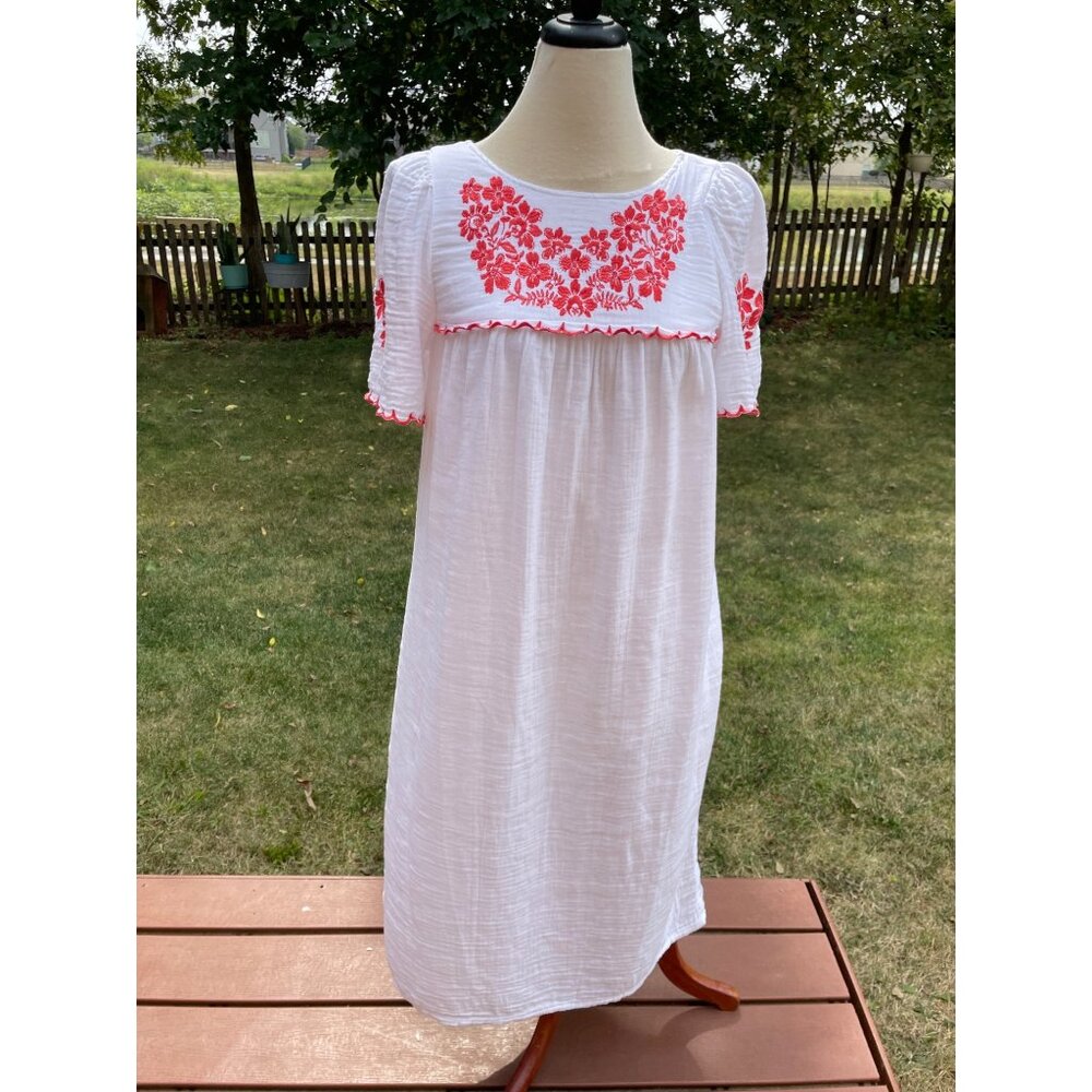 Old Navy White & Red Floral Embroidered Cotton Blend Dress S Bobo
